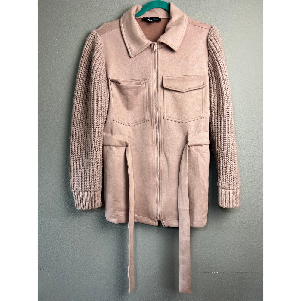 Alice Blue Womens‎ Sm Faux Suede Knit Sleeve Zip Utility Warm Retro Jacket Pink